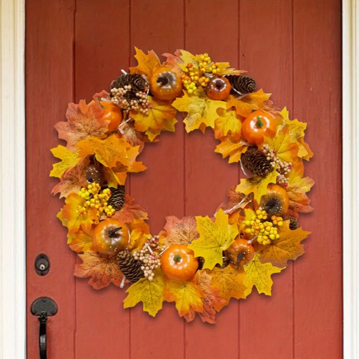 18 Inch Maple Leaves Artificial Flowers Wreath, Fall Autumn Decor with Pumpkin Pinecone Acorn for Front Door Thanksgiving Home Decor