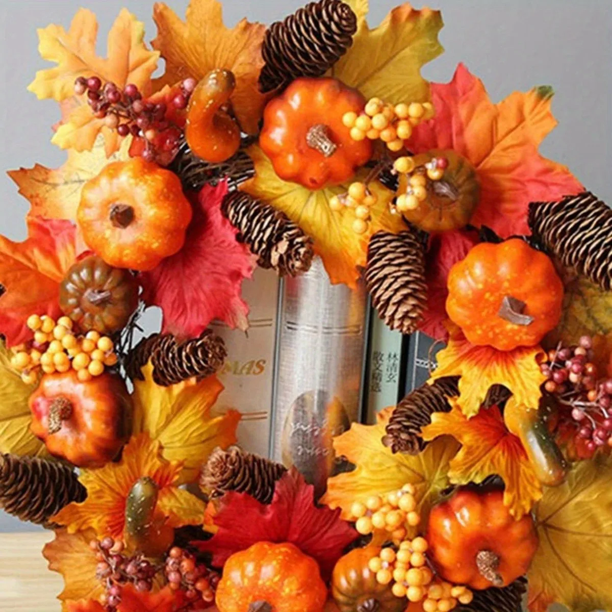 18 Inch Maple Leaves Artificial Flowers Wreath, Fall Autumn Decor with Pumpkin Pinecone Acorn for Front Door Thanksgiving Home Decor