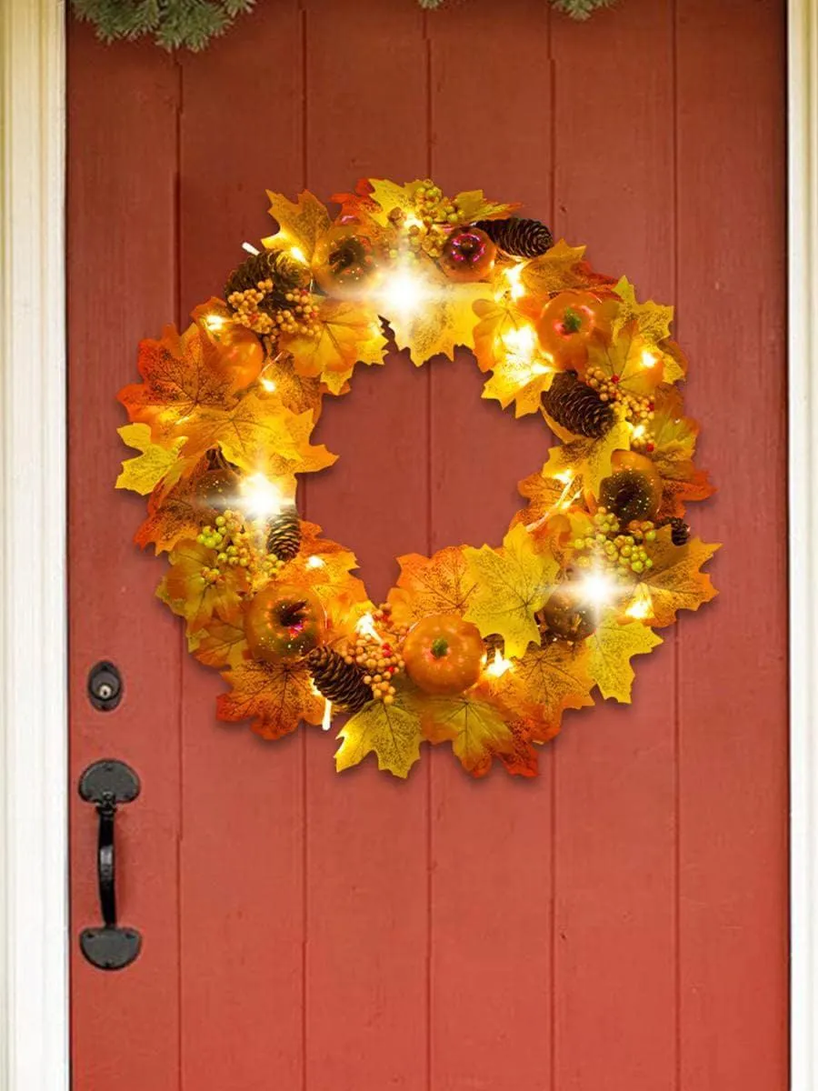 18 Inch Maple Leaves Artificial Flowers Wreath, Fall Autumn Decor with Pumpkin Pinecone Acorn for Front Door Thanksgiving Home Decor