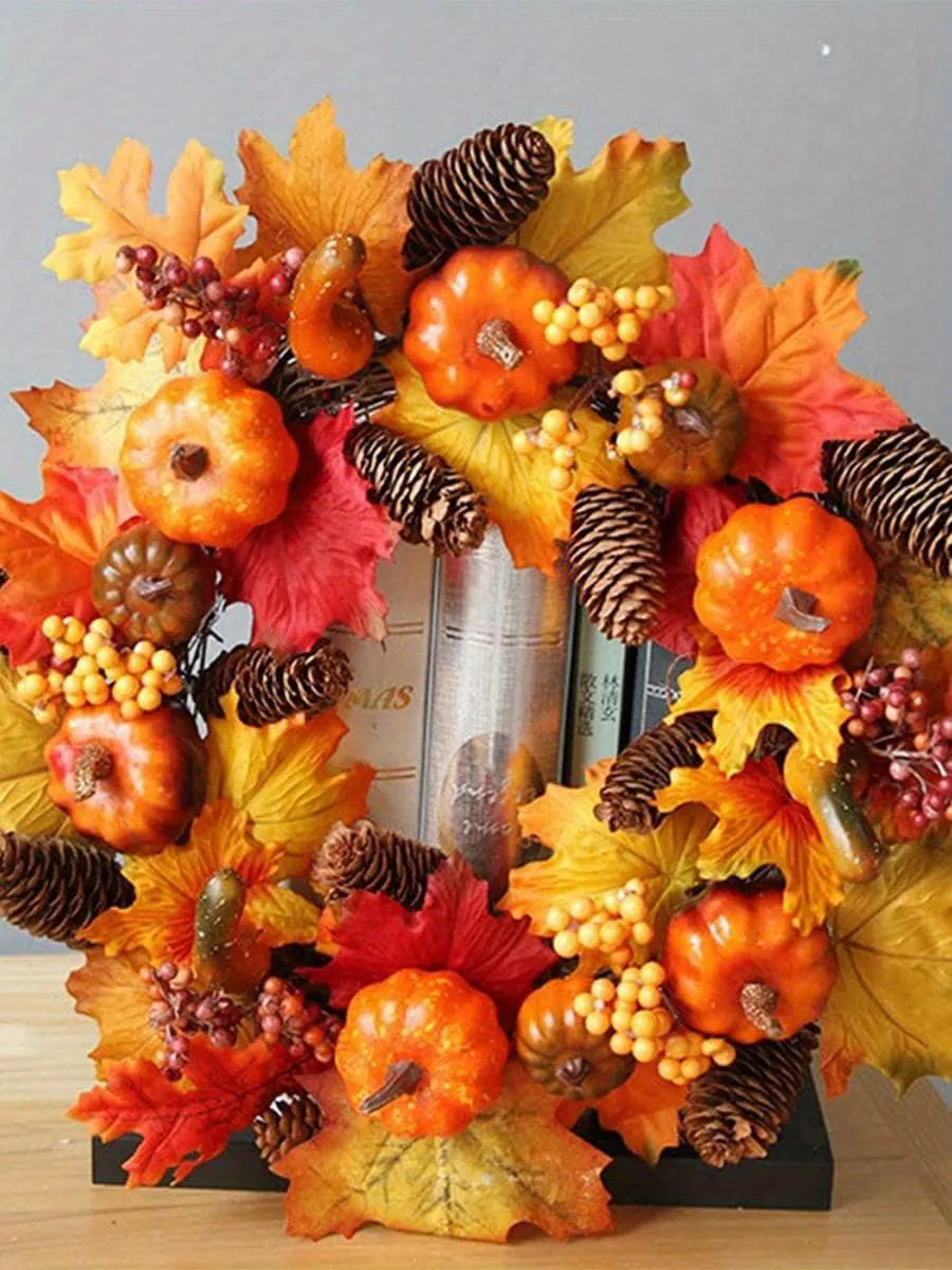 18 Inch Maple Leaves Artificial Flowers Wreath, Fall Autumn Decor with Pumpkin Pinecone Acorn for Front Door Thanksgiving Home Decor