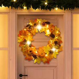 18 Inch Maple Leaves Artificial Flowers Wreath, Fall Autumn Decor with Pumpkin Pinecone Acorn for Front Door Thanksgiving Home Decor