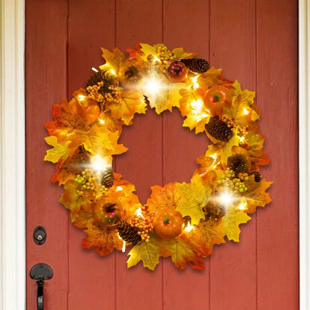 18 Inch Maple Leaves Artificial Flowers Wreath, Fall Autumn Decor with Pumpkin Pinecone Acorn for Front Door Thanksgiving Home Decor