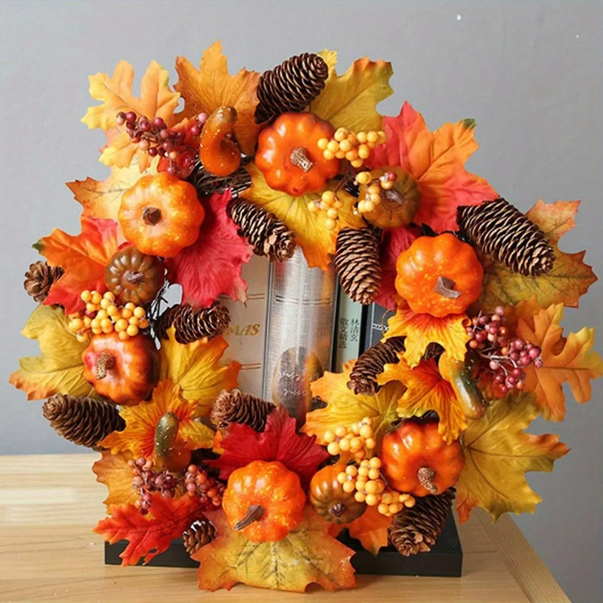 18 Inch Maple Leaves Artificial Flowers Wreath, Fall Autumn Decor with Pumpkin Pinecone Acorn for Front Door Thanksgiving Home Decor