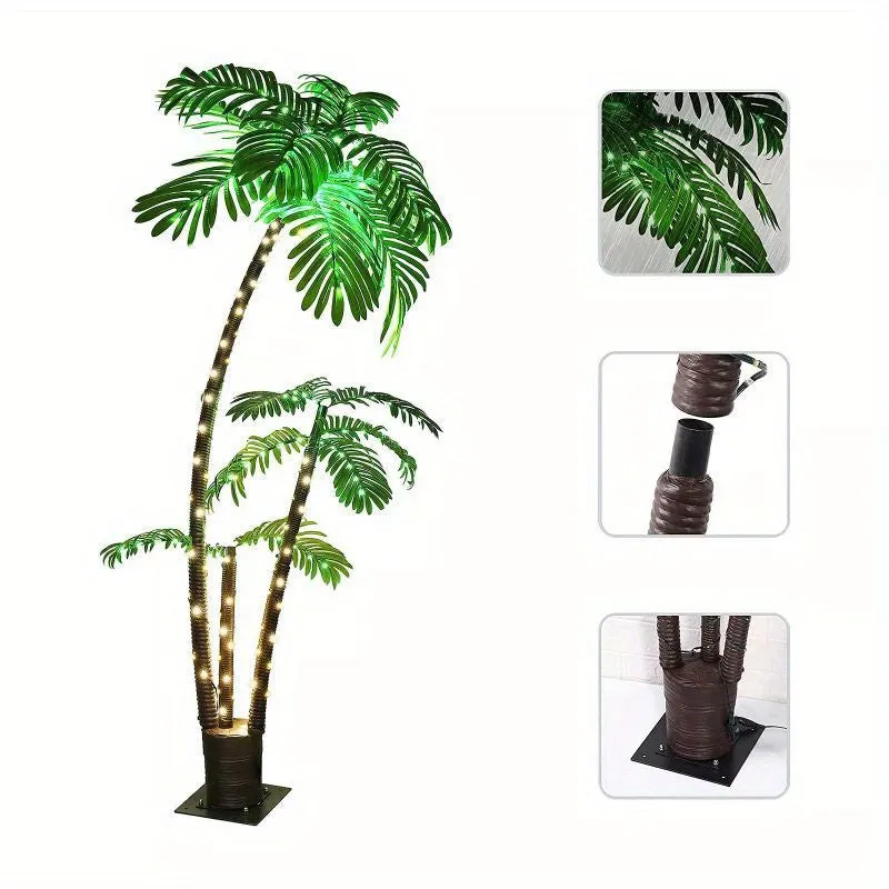 6ft LED Lighted Plug-in Artificial Palm Trees with 3 Trunks, Outside Patio Pool Porch Deck Party Tropical Decor, Fake Trees Lights