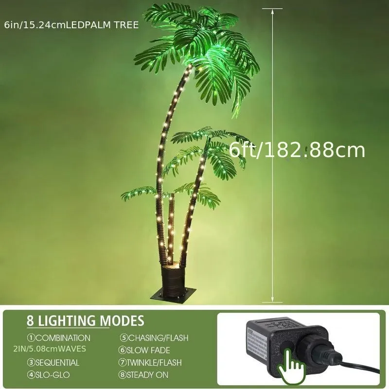 6ft LED Lighted Plug-in Artificial Palm Trees with 3 Trunks, Outside Patio Pool Porch Deck Party Tropical Decor, Fake Trees Lights