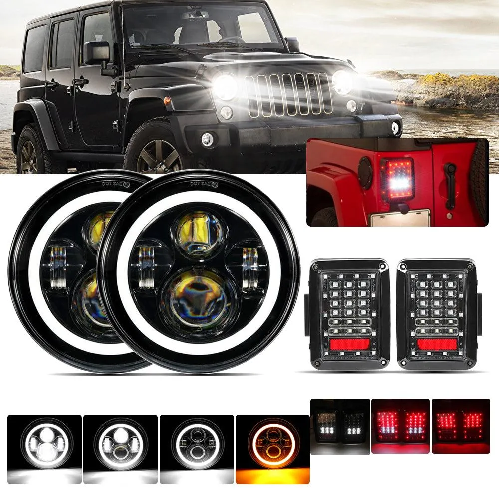 7'' LED Headlight Replacement with Halo Ring & LED Smoke Tail Light Brake Reverse Turn Signal Lamp for Jeep Wrangler JK