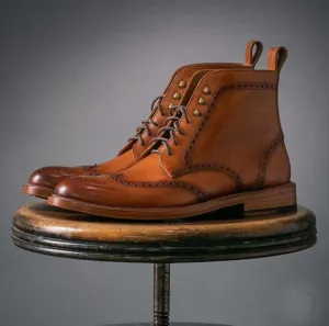 Bespoke Brown Leather Wing Tip Ankle High Boots