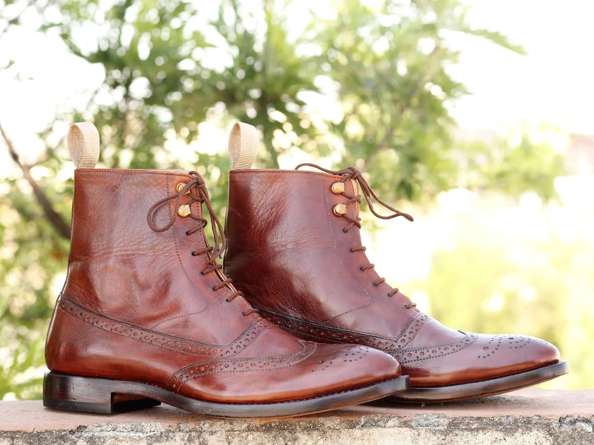 Bespoke Brown Leather Wing Tip Lace Up Boots for Men