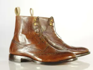 Bespoke Brown Leather Wing Tip Lace Up Boots for Men