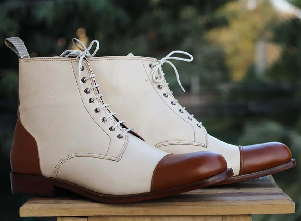 Bespoke White and Brown Leather High Ankle Lace Up Boots