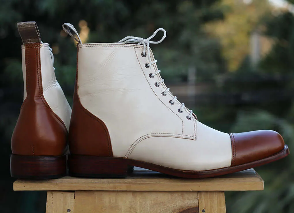 Bespoke White and Brown Leather High Ankle Lace Up Boots