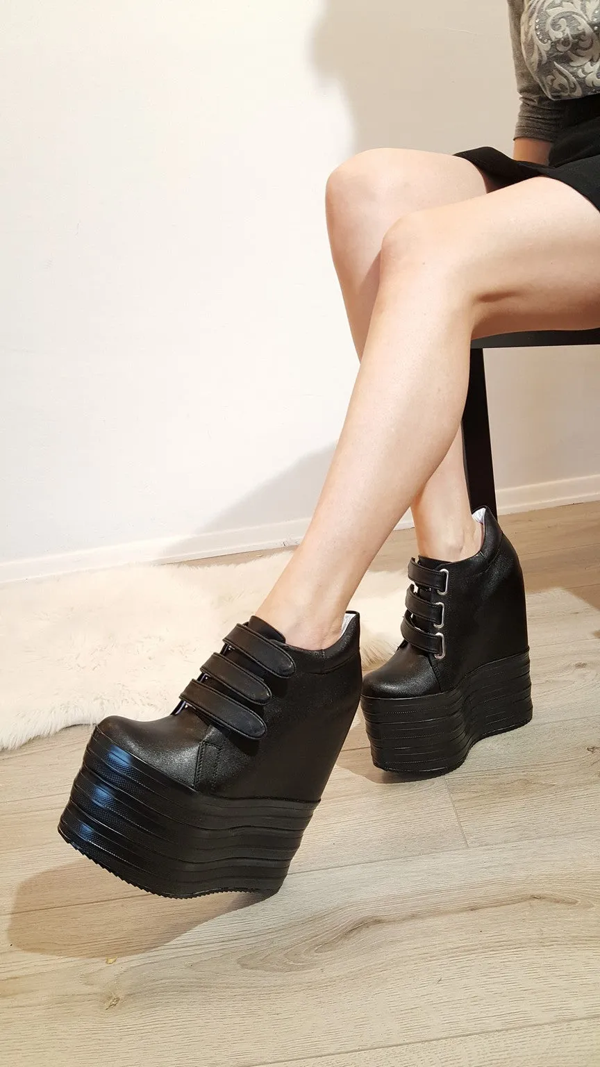 Black Hook Pile Sport High Heel Wedge Platform Shoes