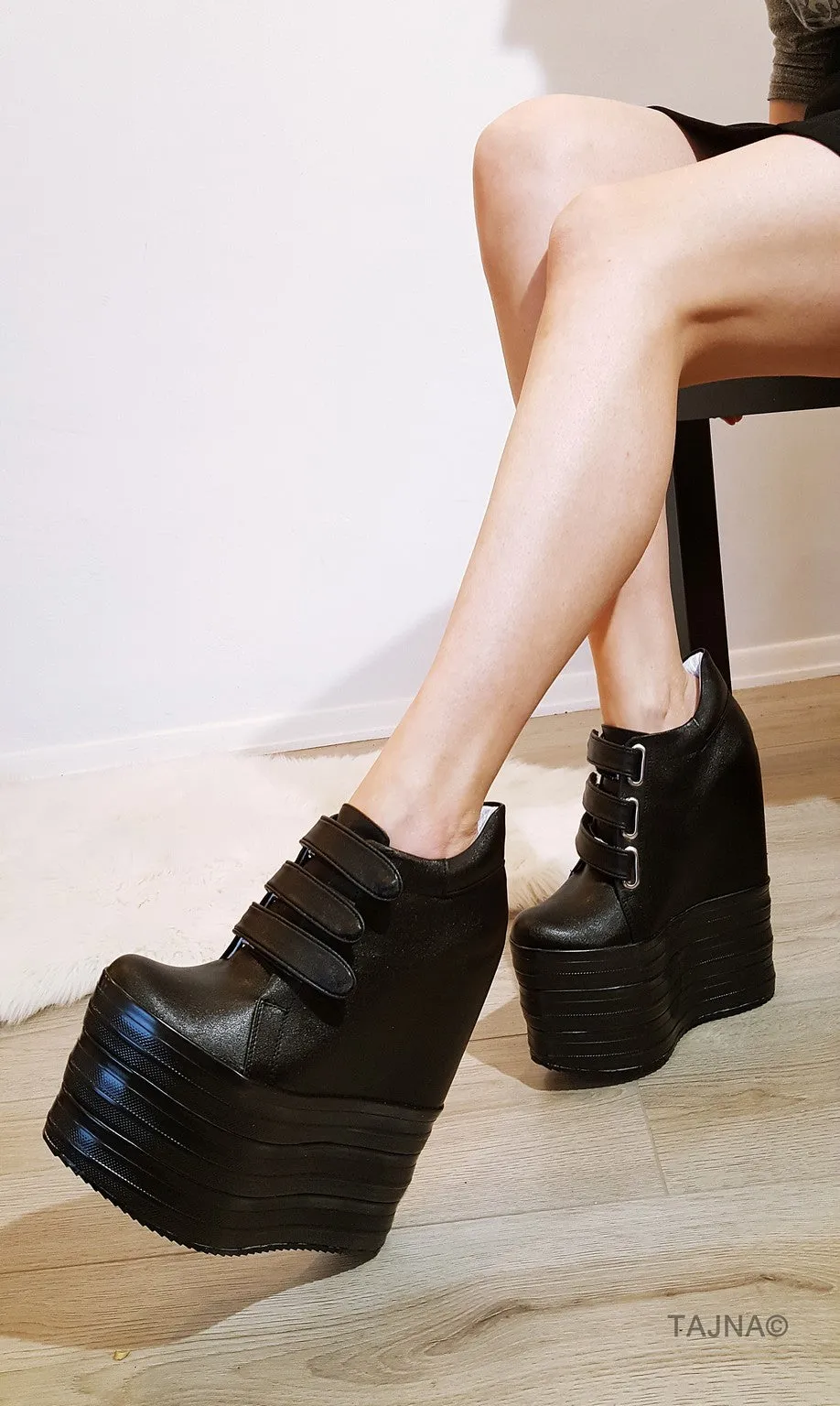 Black Hook Pile Sport High Heel Wedge Platform Shoes