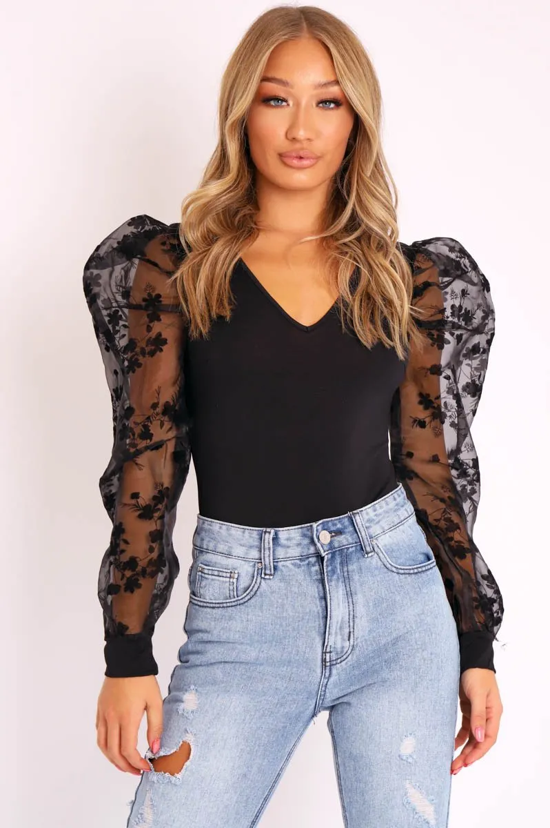 Black Plunge Black Floral Sheer Puff Sleeves Bodysuit - Zoiey