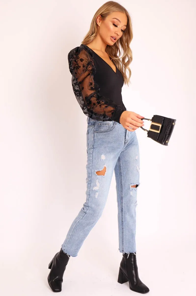 Black Plunge Black Floral Sheer Puff Sleeves Bodysuit - Zoiey