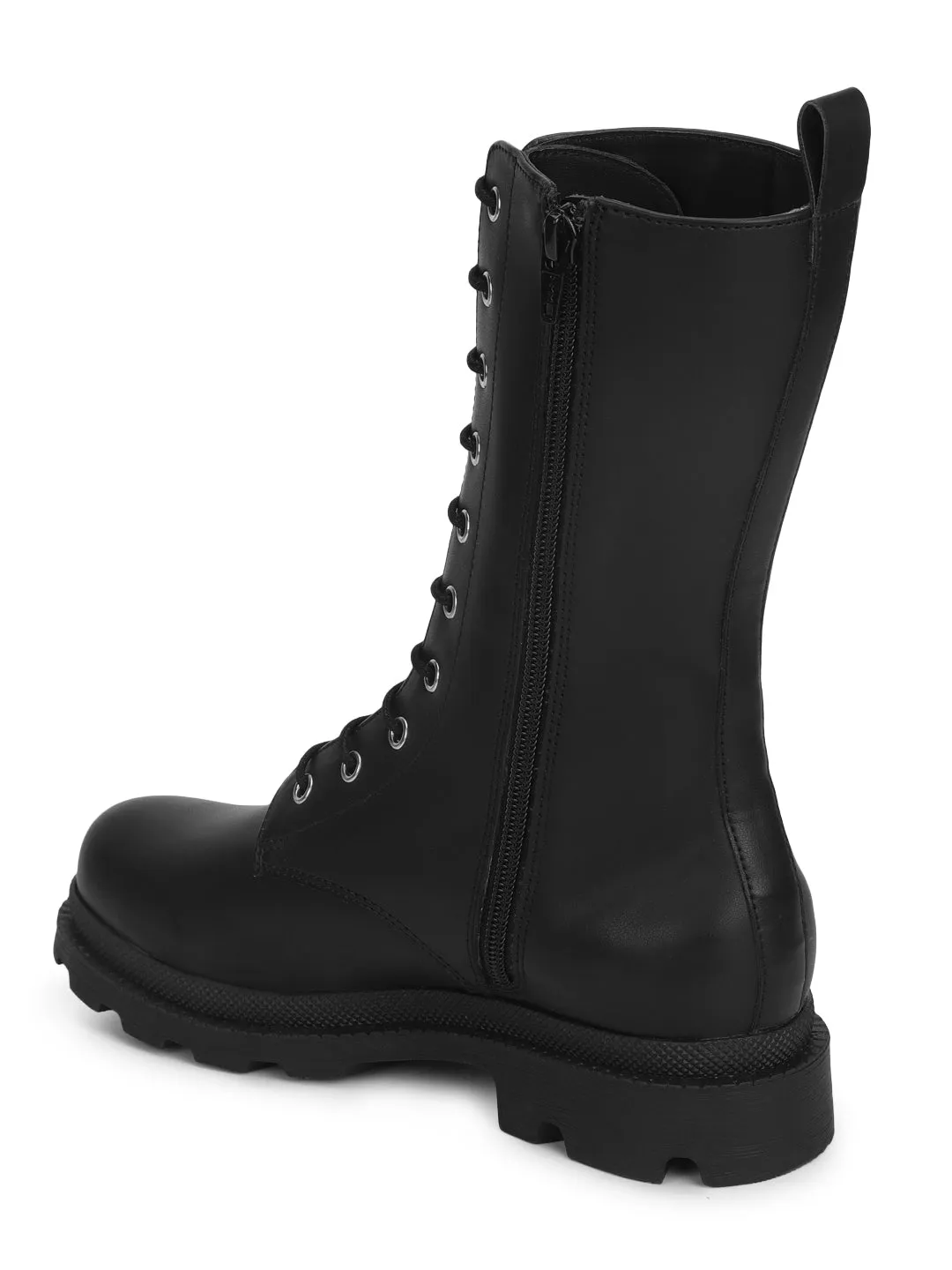 Black PU Calf Length Snug Fit Lace Up Boots (TC-ST-1205-BLKPU)