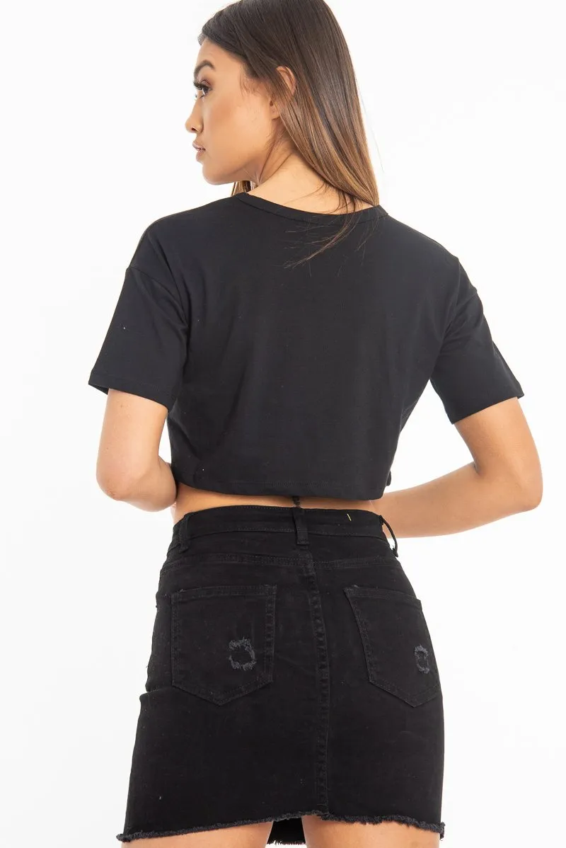 Black Slogan Printed Crop Top - Daryn