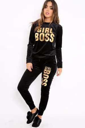 Black Velvet Girl Boss Slogan Tracksuit - Kacie