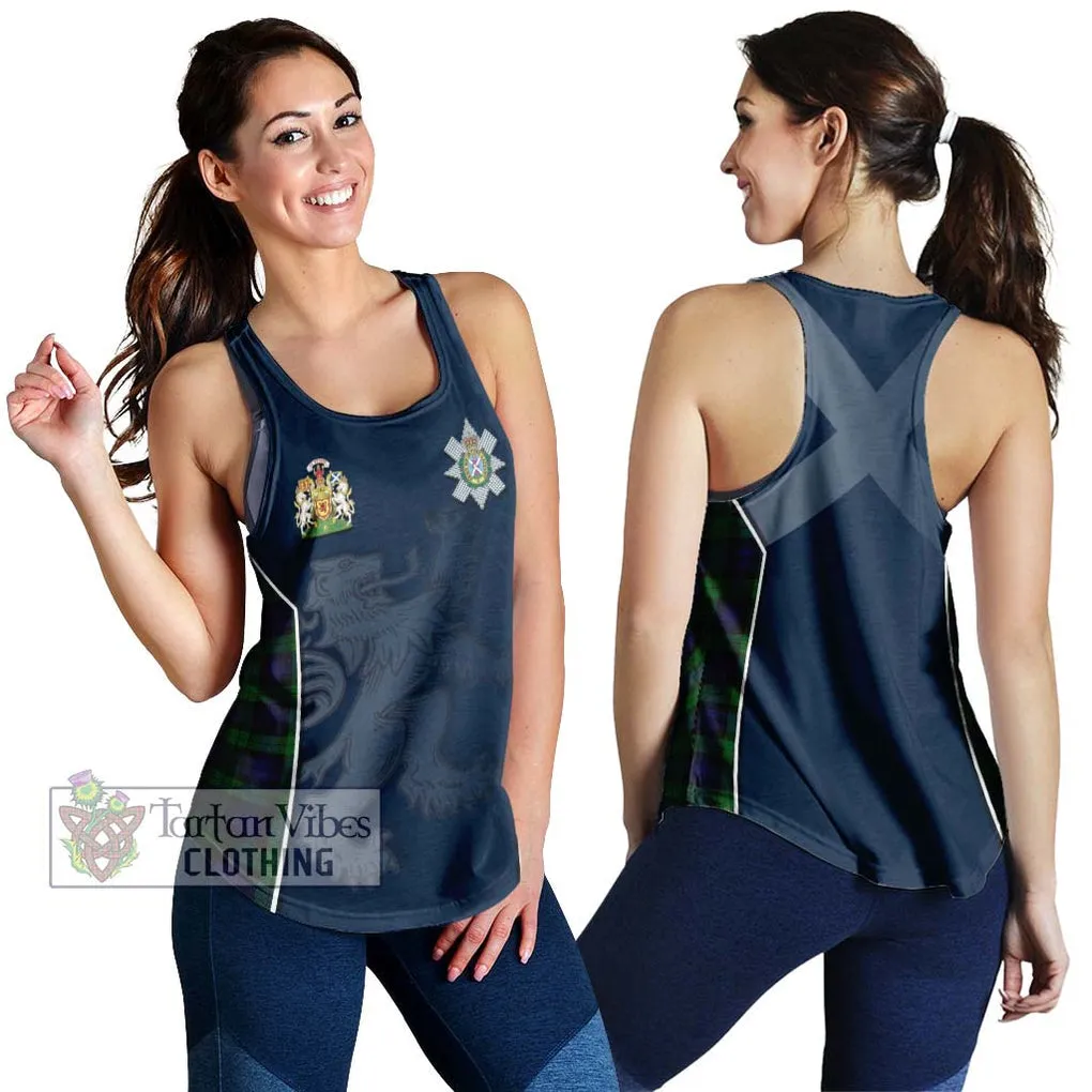 Black Watch Tartan Women's Racerback Tanks with Family Crest and Lion Rampant Vibes Sport Style