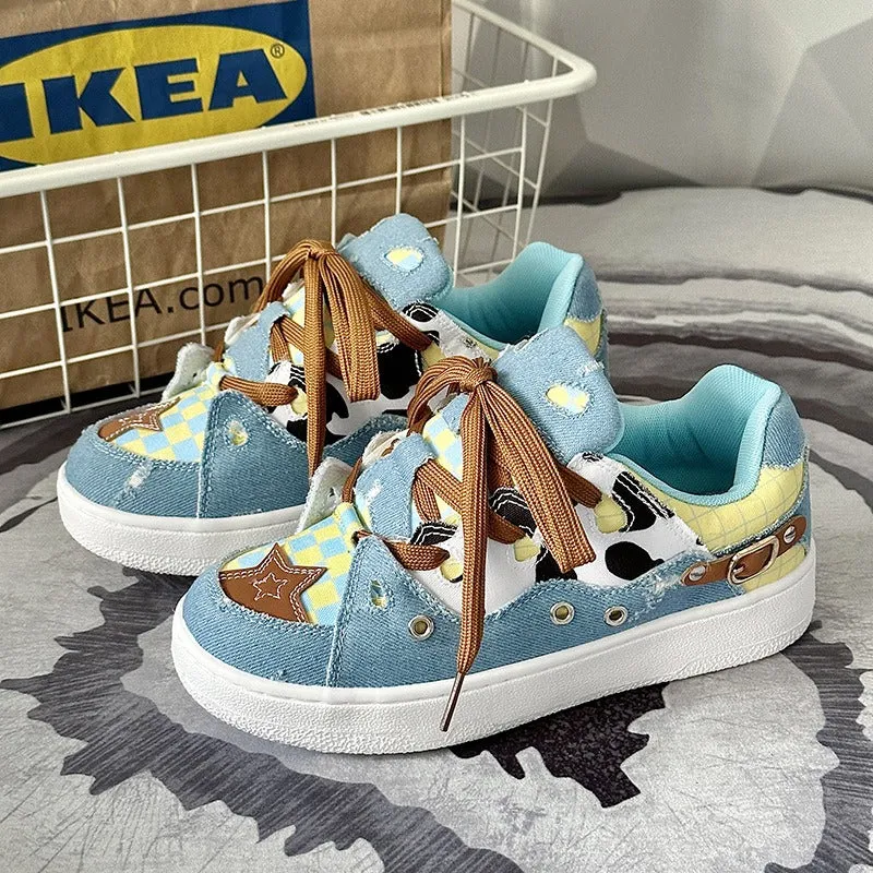 Bread Shoes Cow Pattern Denim Canvas Stitching