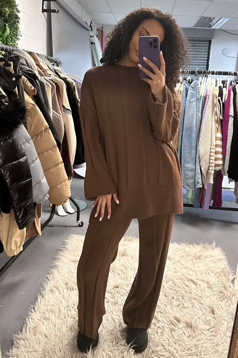 Brown Oversized Round Neck Knitted Co-ord Set - Pihu