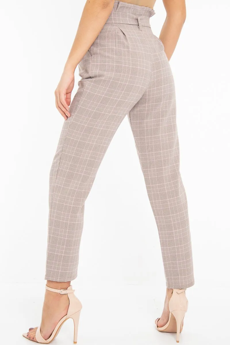 Brown Pink Check Tie Waist Tapered Trousers - Nikita