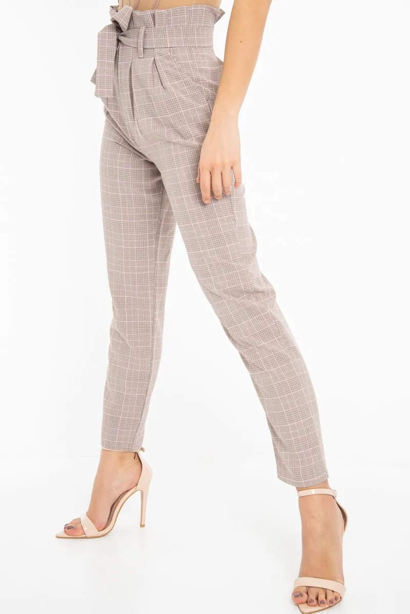 Brown Pink Check Tie Waist Tapered Trousers - Nikita