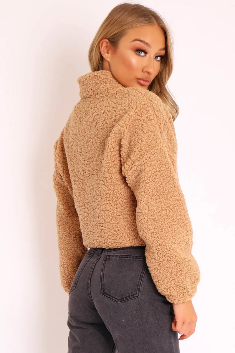 Camel Zip Front Teddy Jacket - Elena