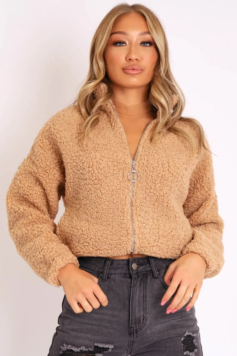 Camel Zip Front Teddy Jacket - Elena