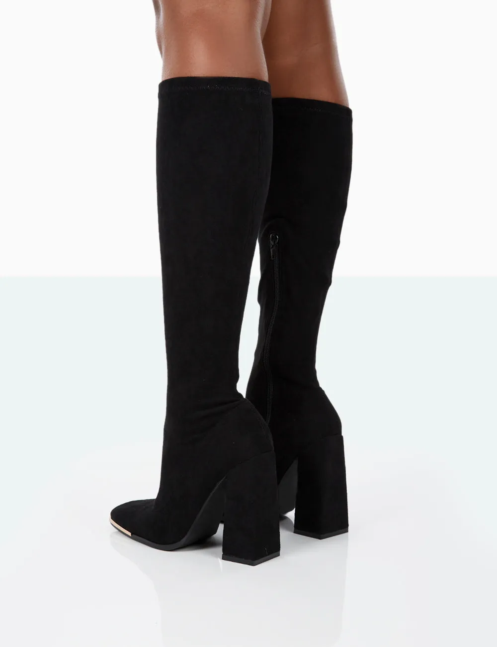 Caryn Black Faux Suede Knee High Block Heeled Boots