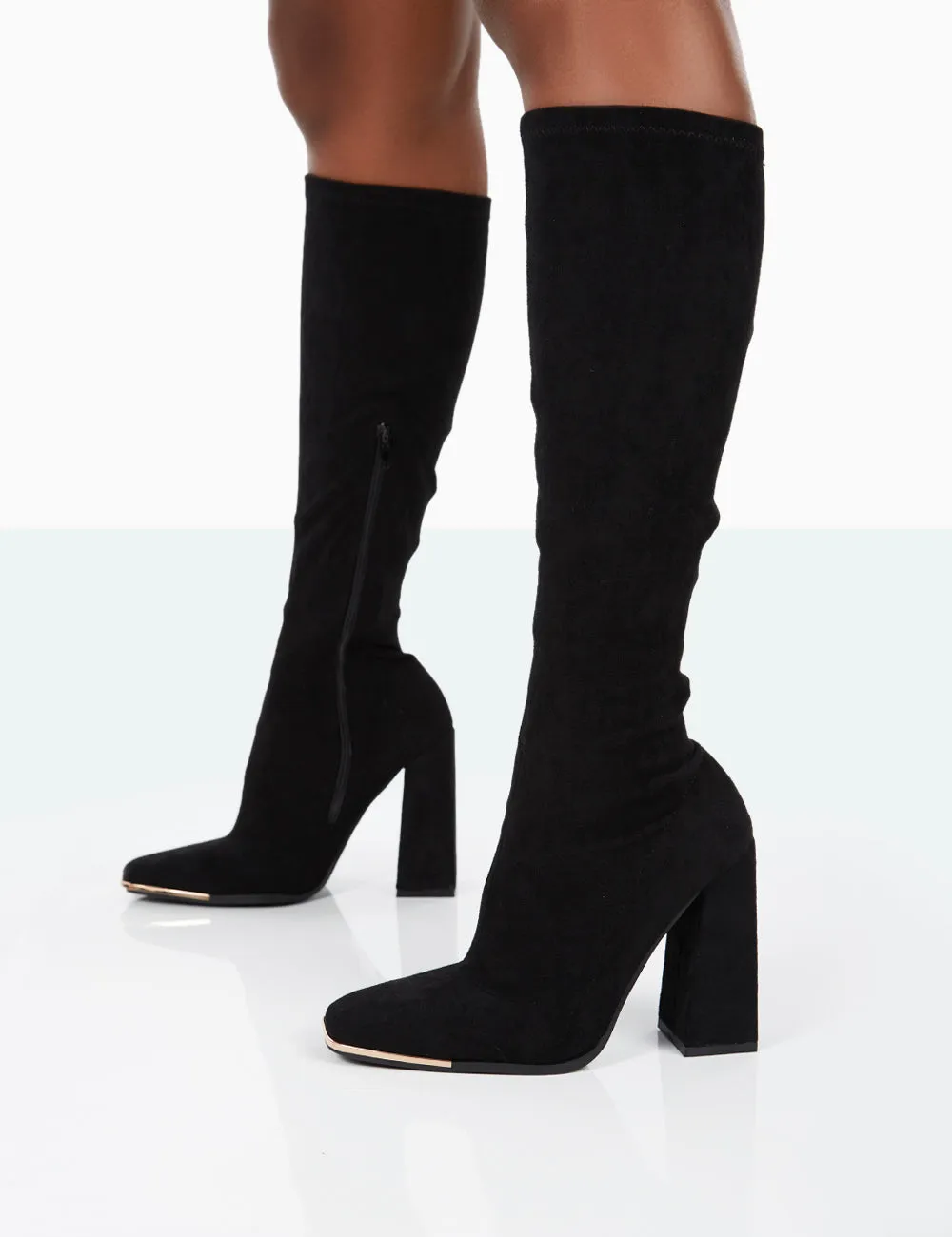 Caryn Black Faux Suede Knee High Block Heeled Boots