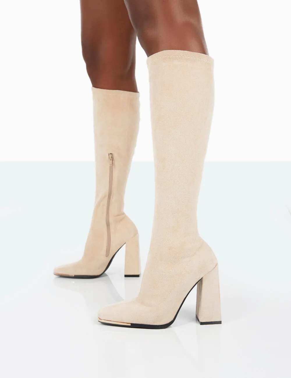 Caryn Taupe Faux Suede Knee High Block Heeled Boots