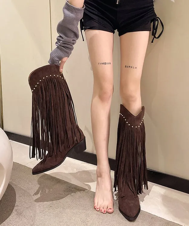 Chocolate Tassel Rivet Chunky Boots