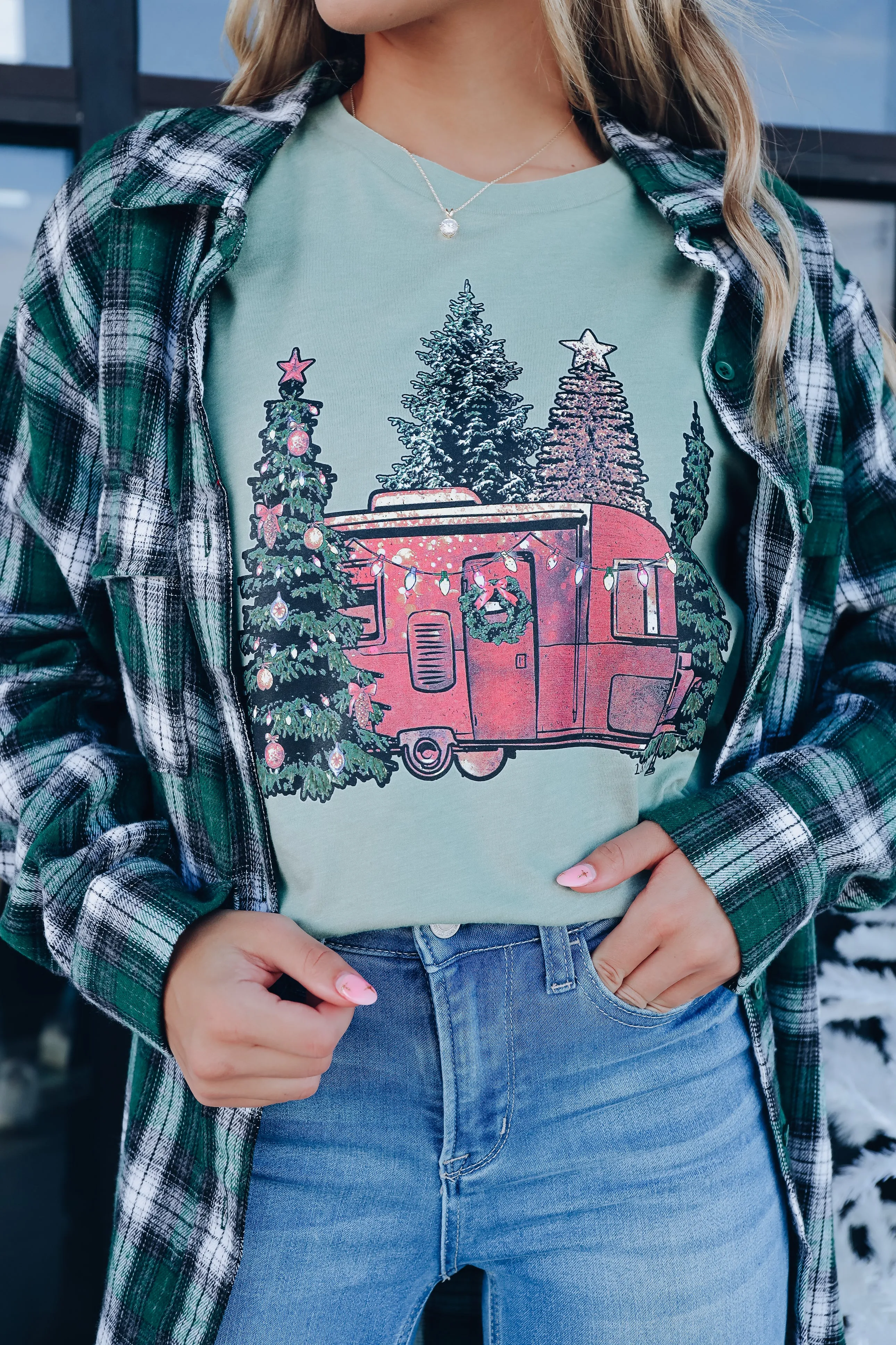 Christmas Camper Graphic Tee - Sage