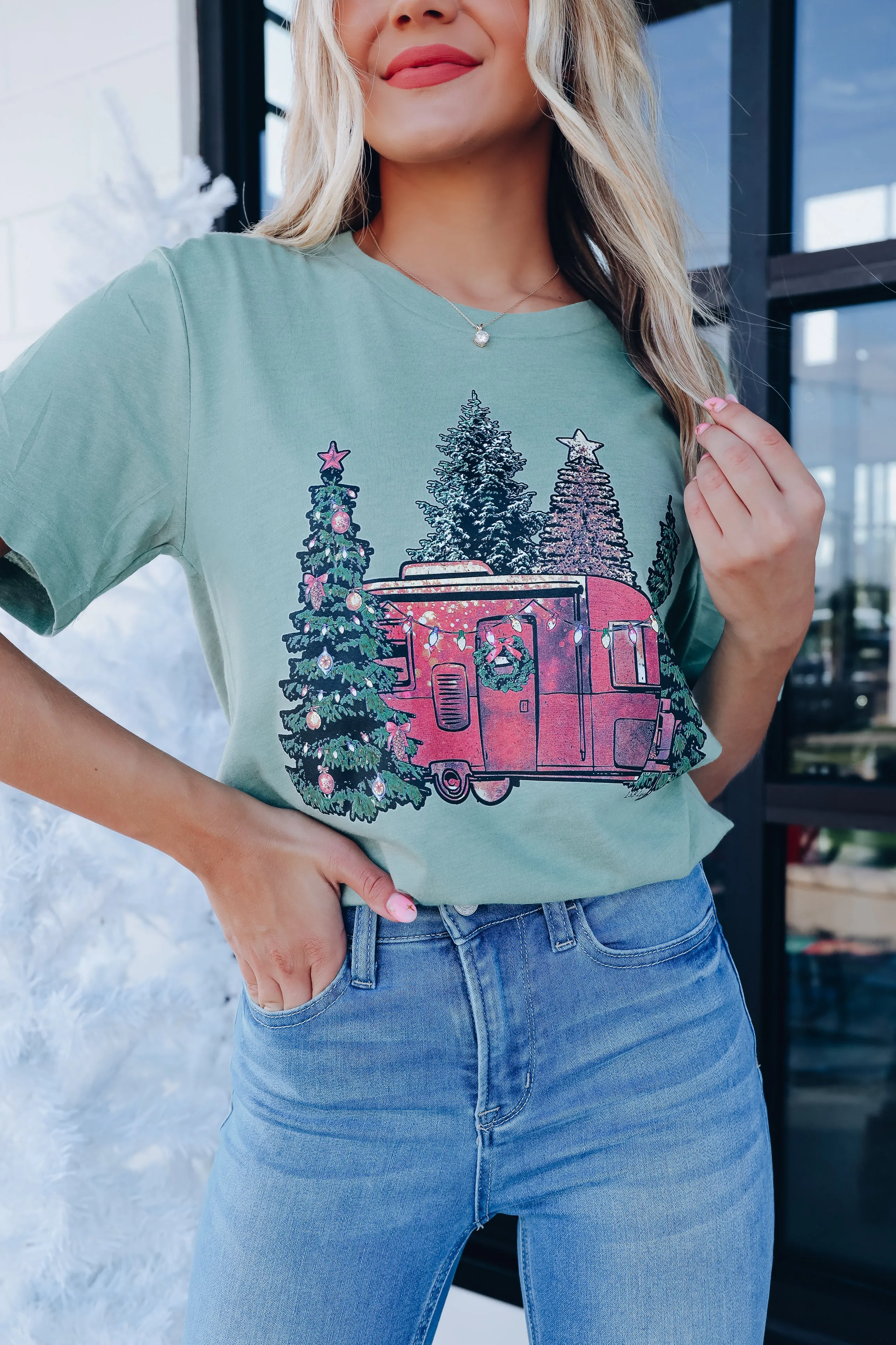 Christmas Camper Graphic Tee - Sage