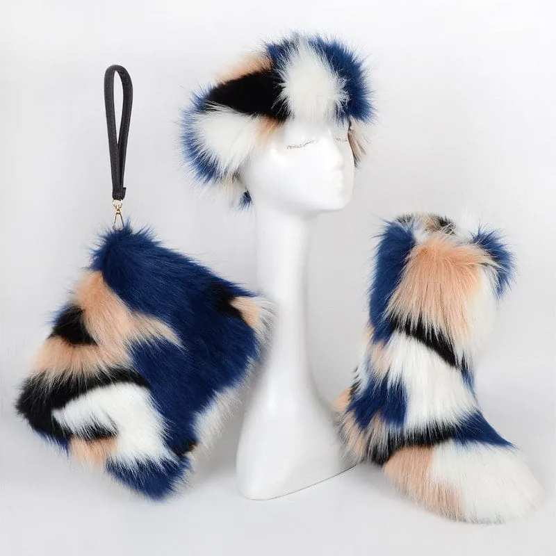 Colorful Padded Imitation Fur Women’s Snow Boots and Hat Set