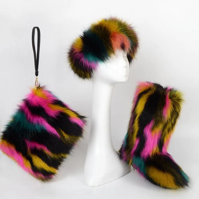 Colorful Padded Imitation Fur Women’s Snow Boots and Hat Set