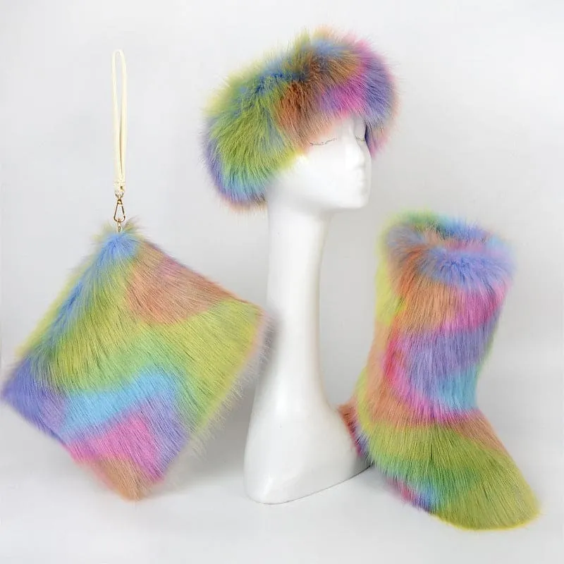 Colorful Padded Imitation Fur Women’s Snow Boots and Hat Set