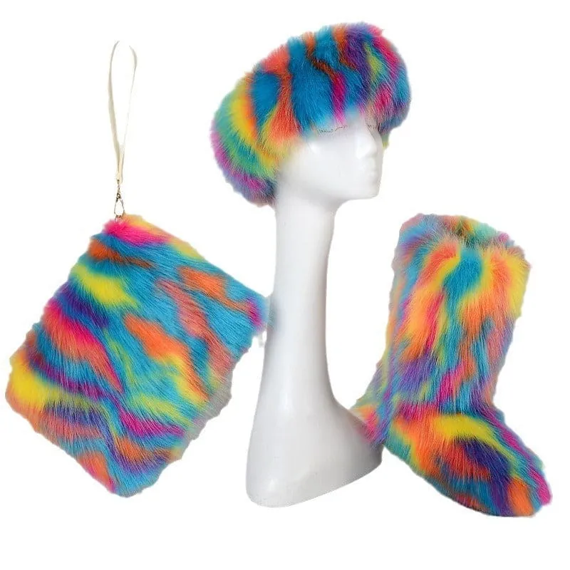 Colorful Padded Imitation Fur Women’s Snow Boots and Hat Set