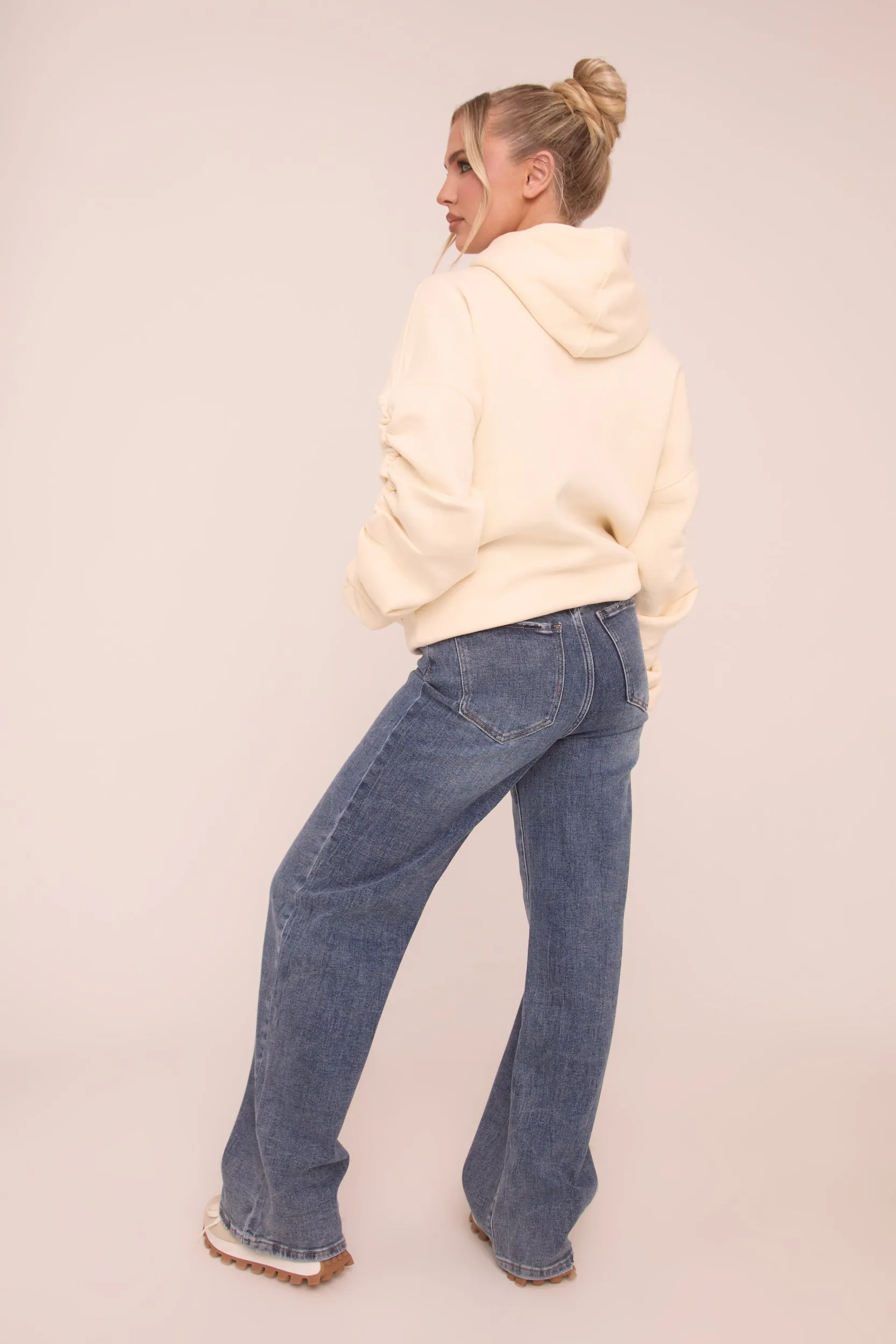 Cream Ruched Sleeve Oversized Hoodie - Lorna