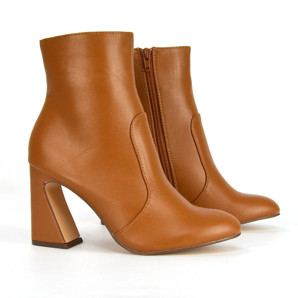 Davina Mid High Flared Sculptured Heel Zip-Up Ankle Boots in Tan Synthetic Leather