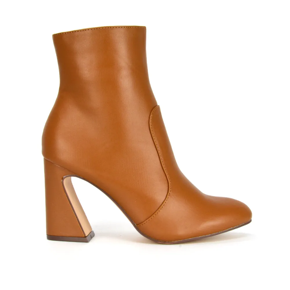 Davina Mid High Flared Sculptured Heel Zip-Up Ankle Boots in Tan Synthetic Leather