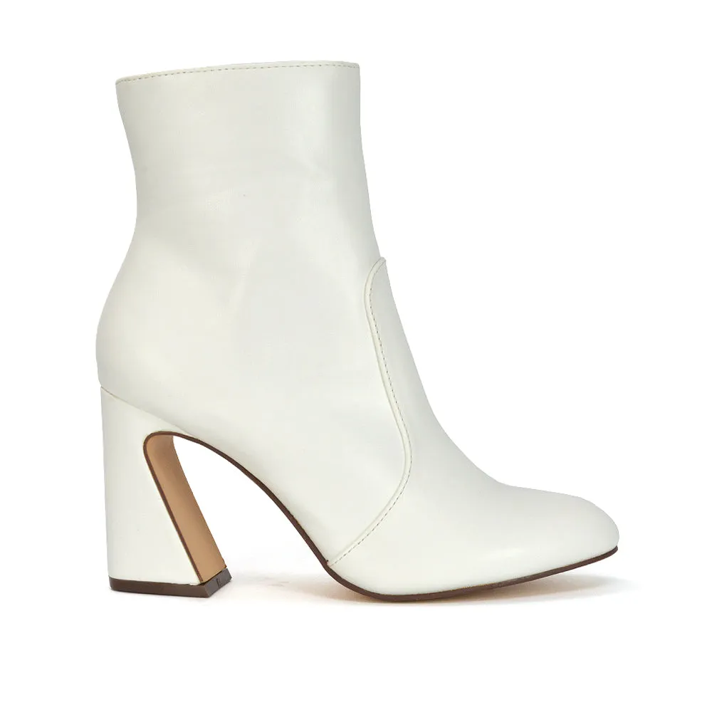 Davina Mid High Flared Sculptured Heel Zip-Up Ankle Boots in Tan Synthetic Leather