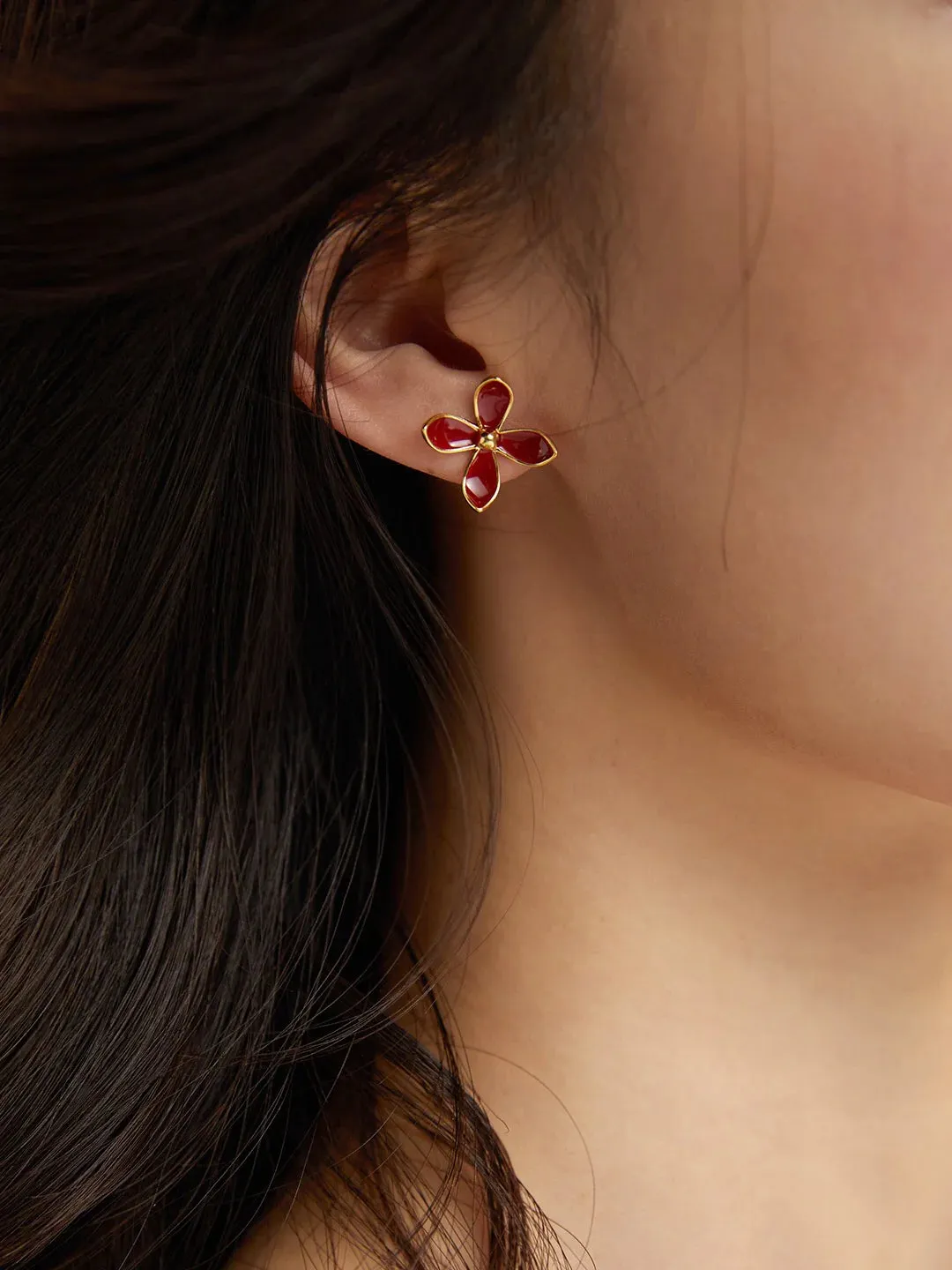 Flora - Red Flower Drip Glaze Stud Earrings