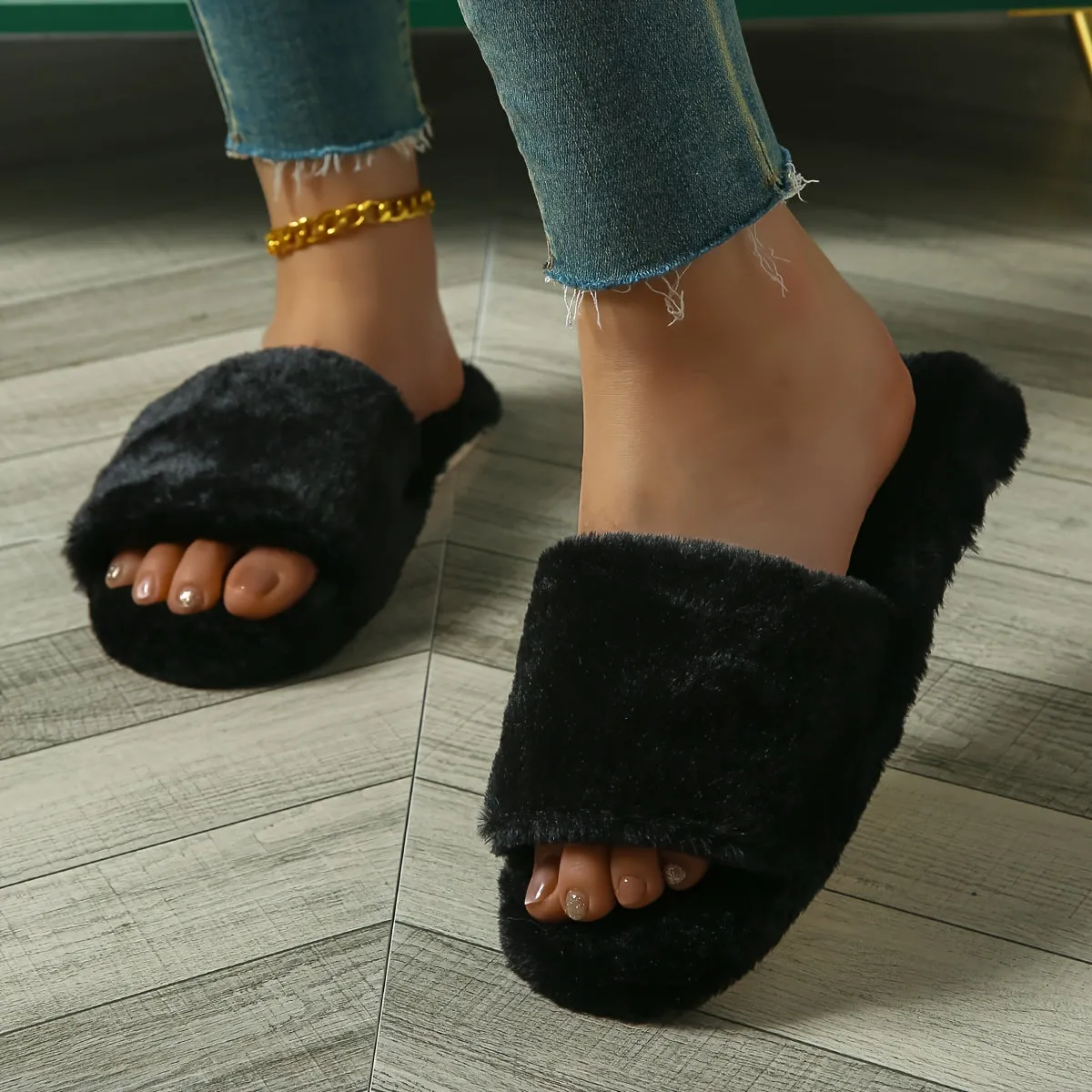 Fluffy Home Warm Slippers, Soft Sole Lightweight Flat Plush Lined Cozy Shoes, Non-slip Floor Mute Shoes