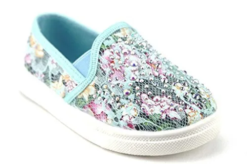 Girls FHX-08I Crystal Bling Slip On Floral Lace Canvas Shoes