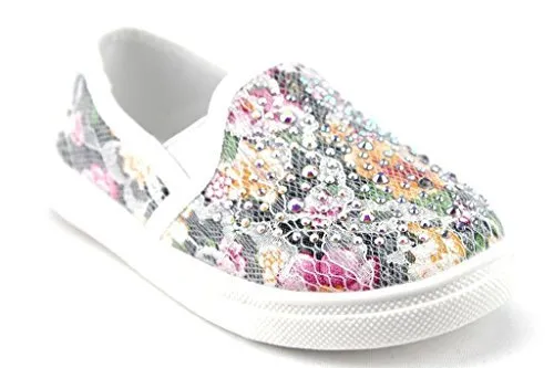 Girls FHX-08I Crystal Bling Slip On Floral Lace Canvas Shoes