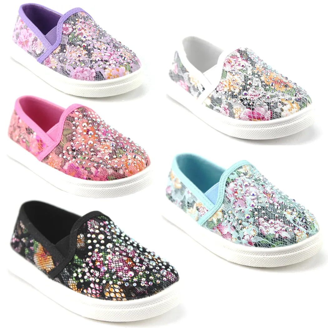 Girls FHX-08I Crystal Bling Slip On Floral Lace Canvas Shoes