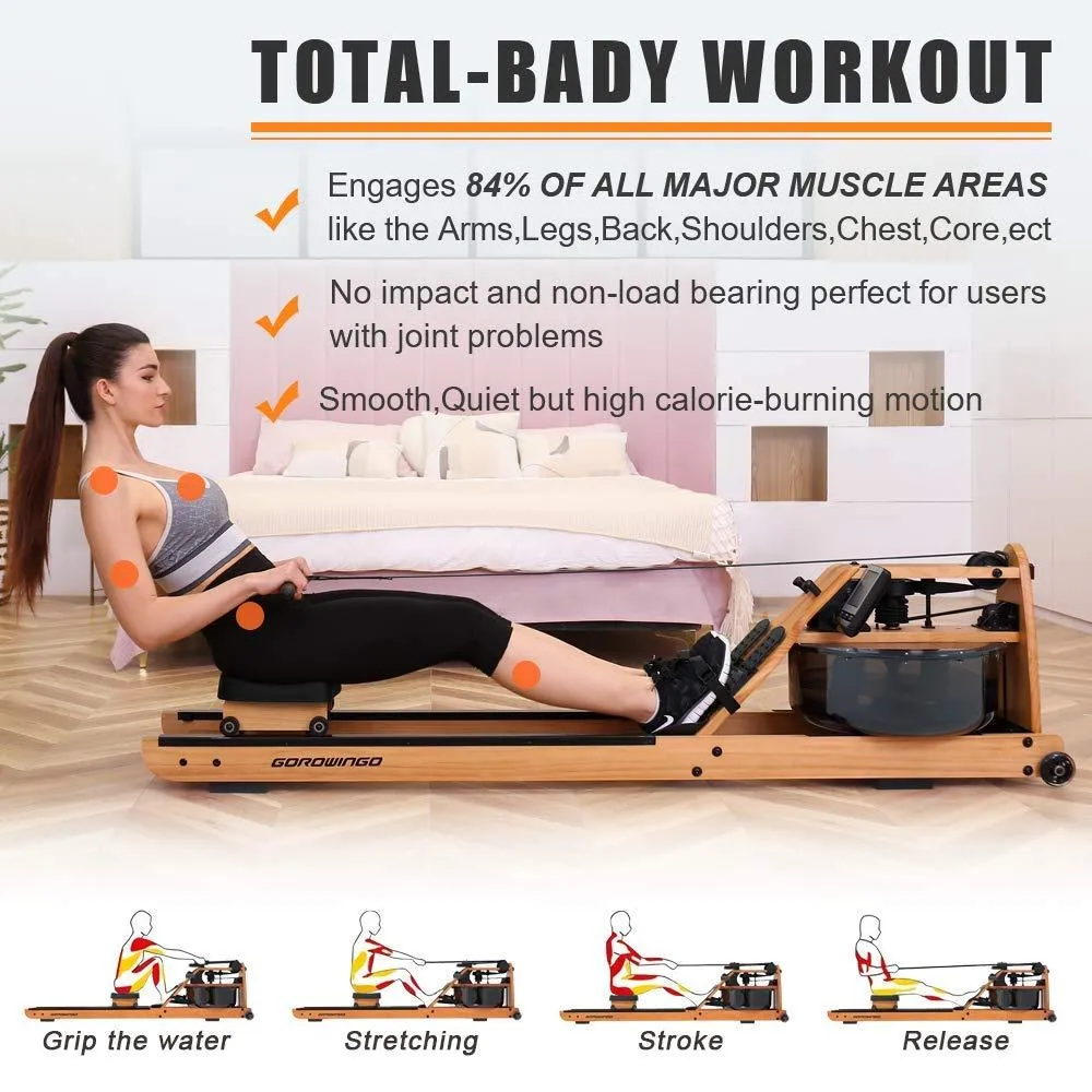 gorowingo Water Rowing Machine Rower,Wooden Indoor Row Machine with LCD Monitor for Home Cardio and Strength Exercise