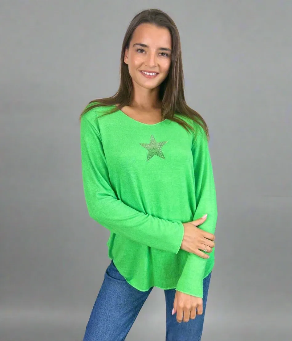 Green Diamante Star Lightweight Jumper